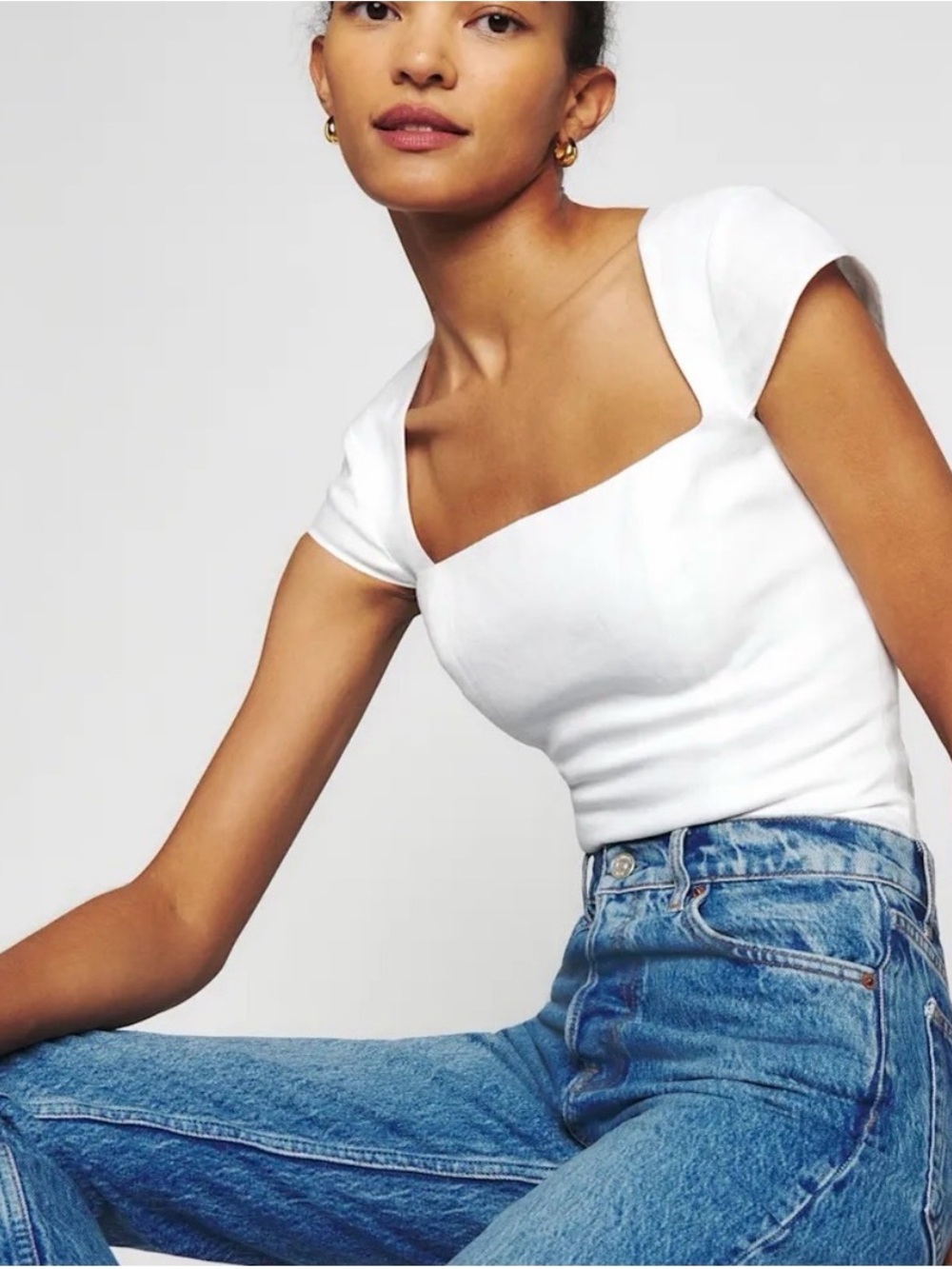 Reformation White Square-Neck Cap Sleeve Crop Top